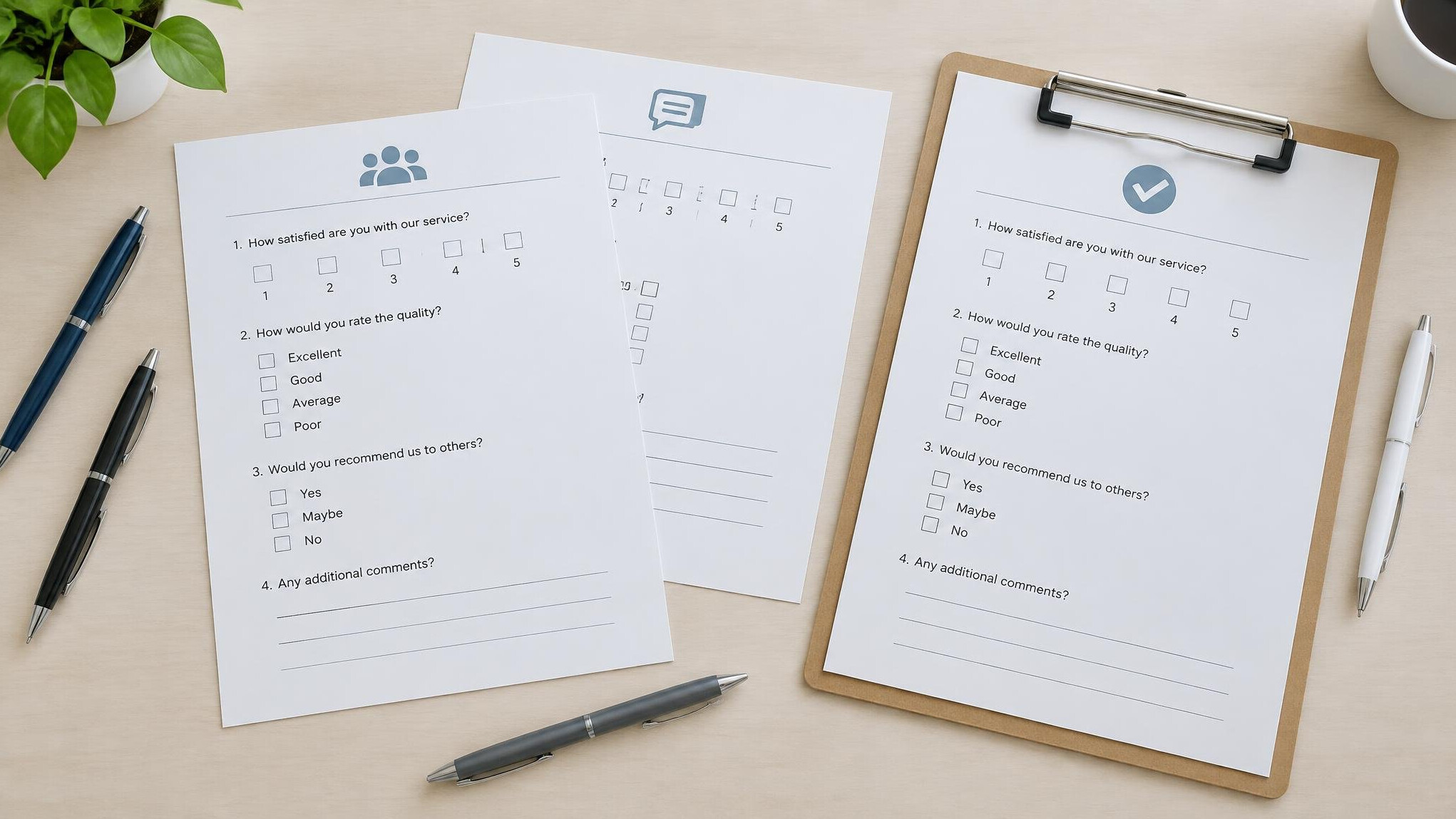Printed survey questionnaires with pens on a table