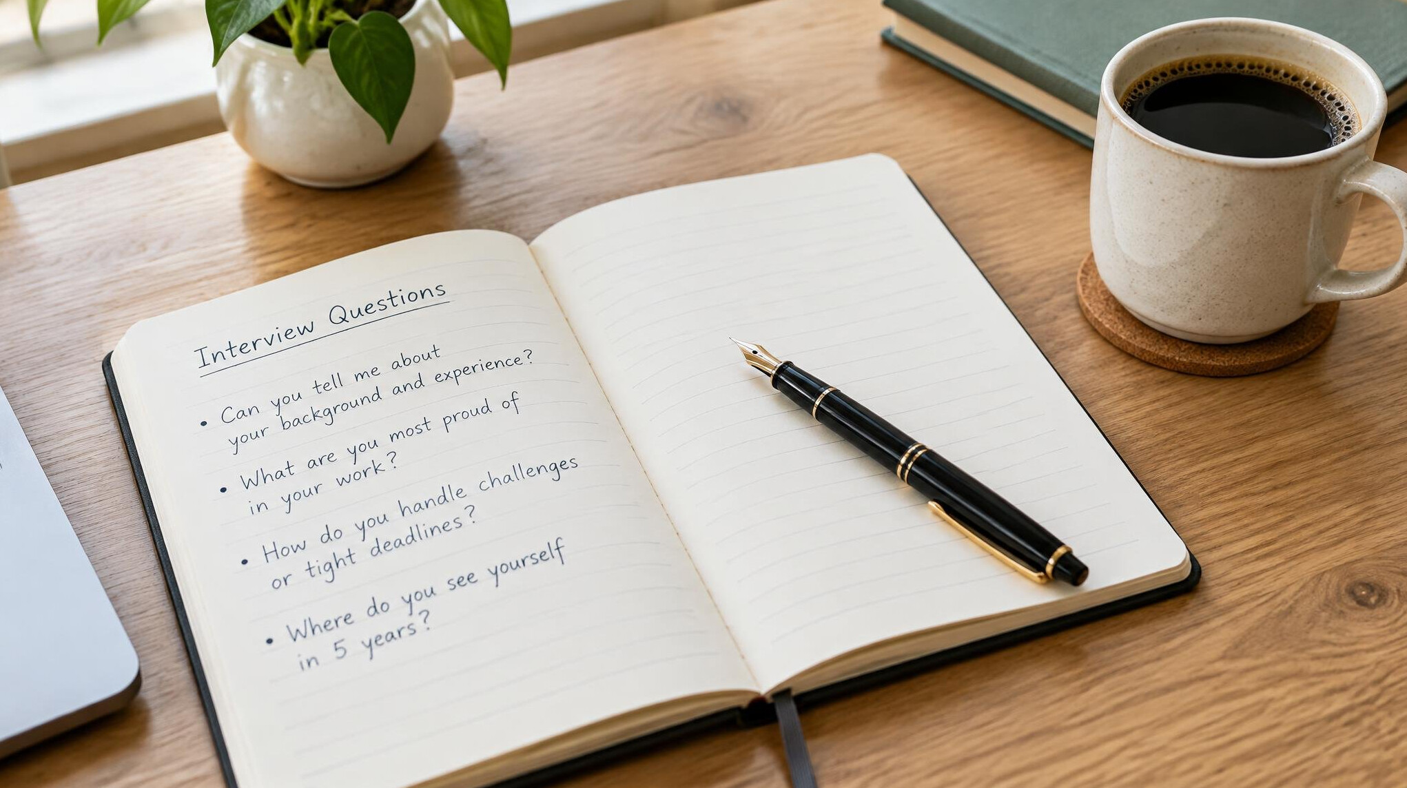 Notebook with handwritten interview guide and a pen