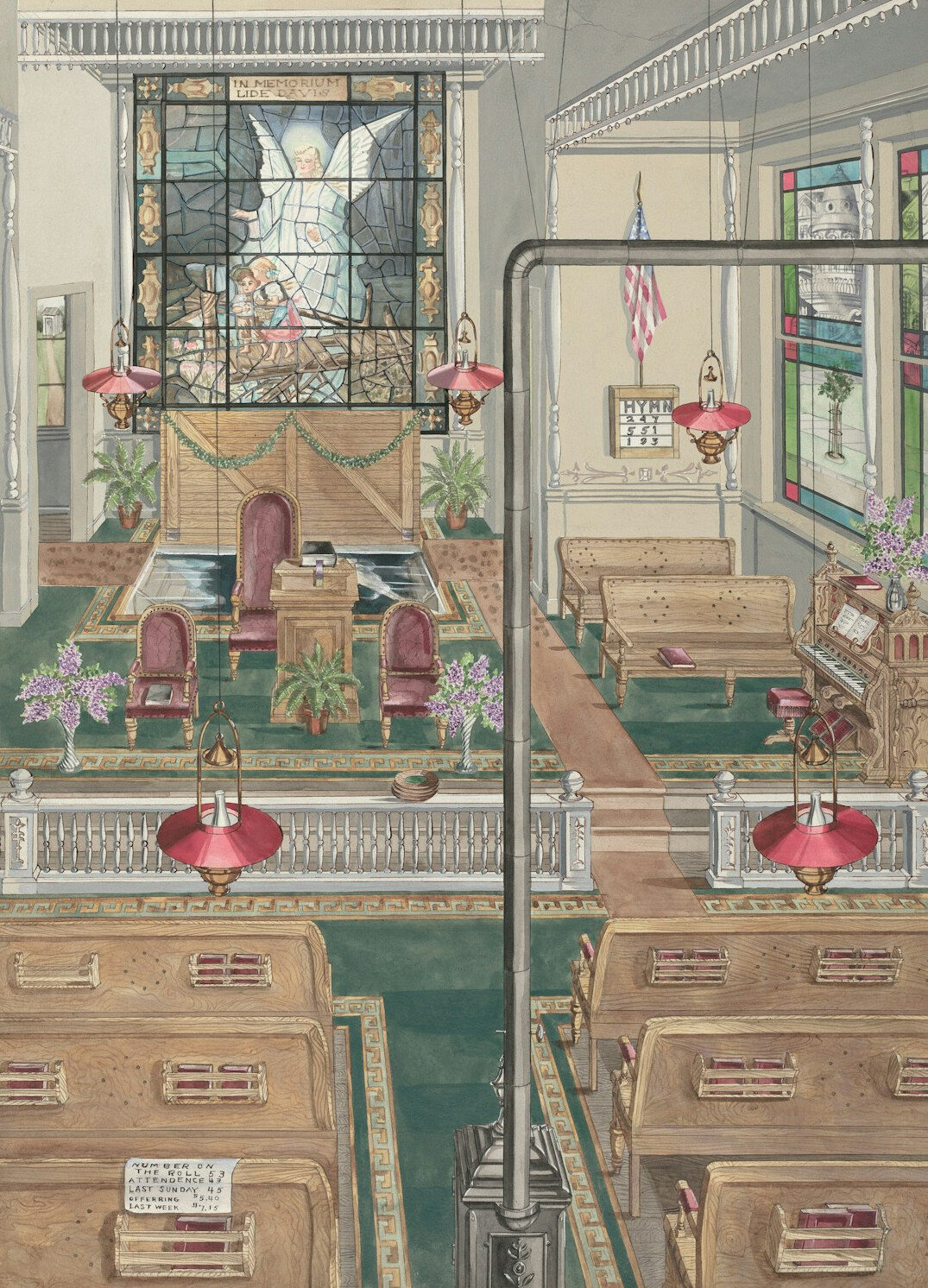 Auction hall with rows of empty chairs and a wooden podium