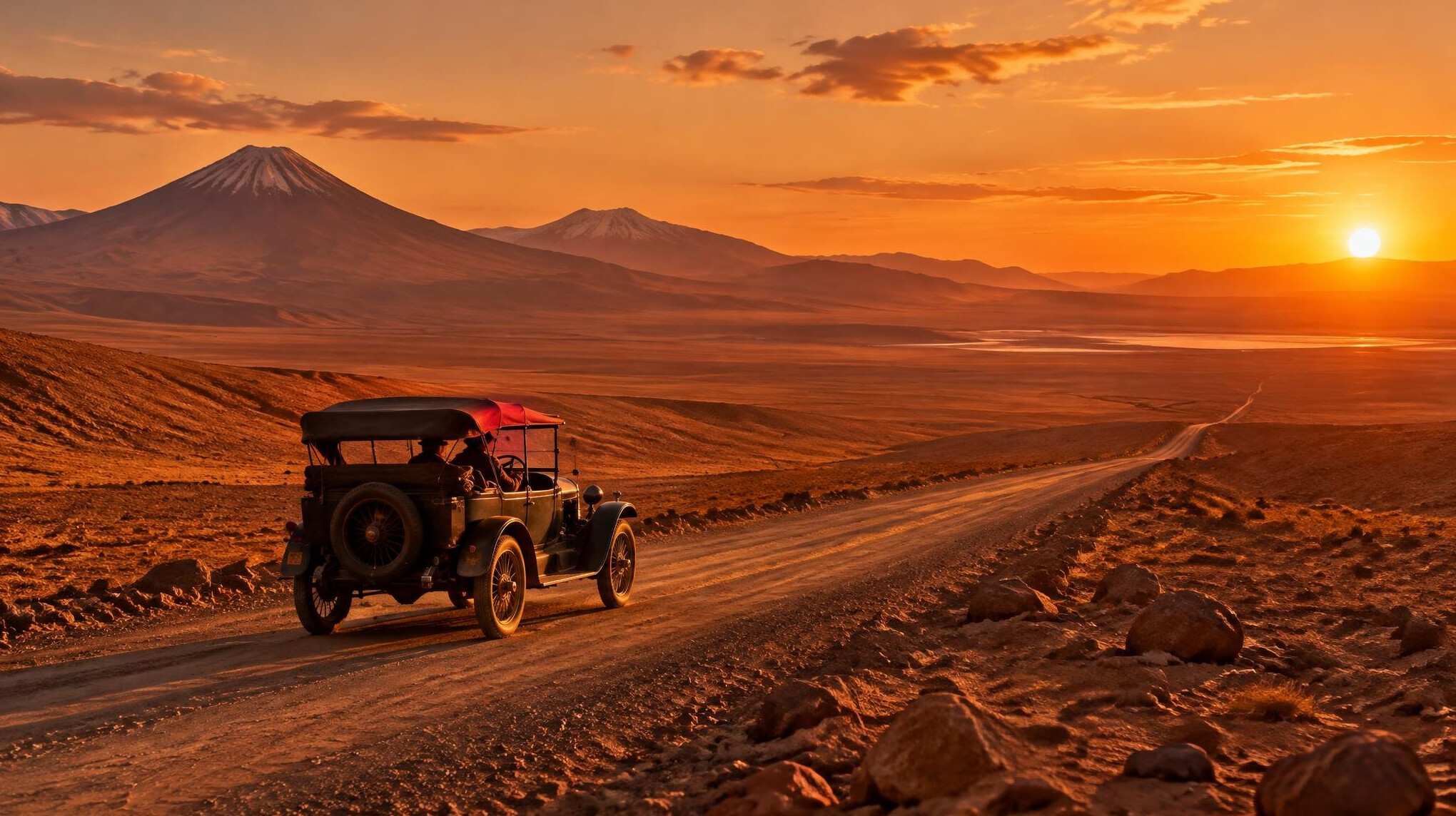 Vintage car crossing the Atacama Desert at sunset