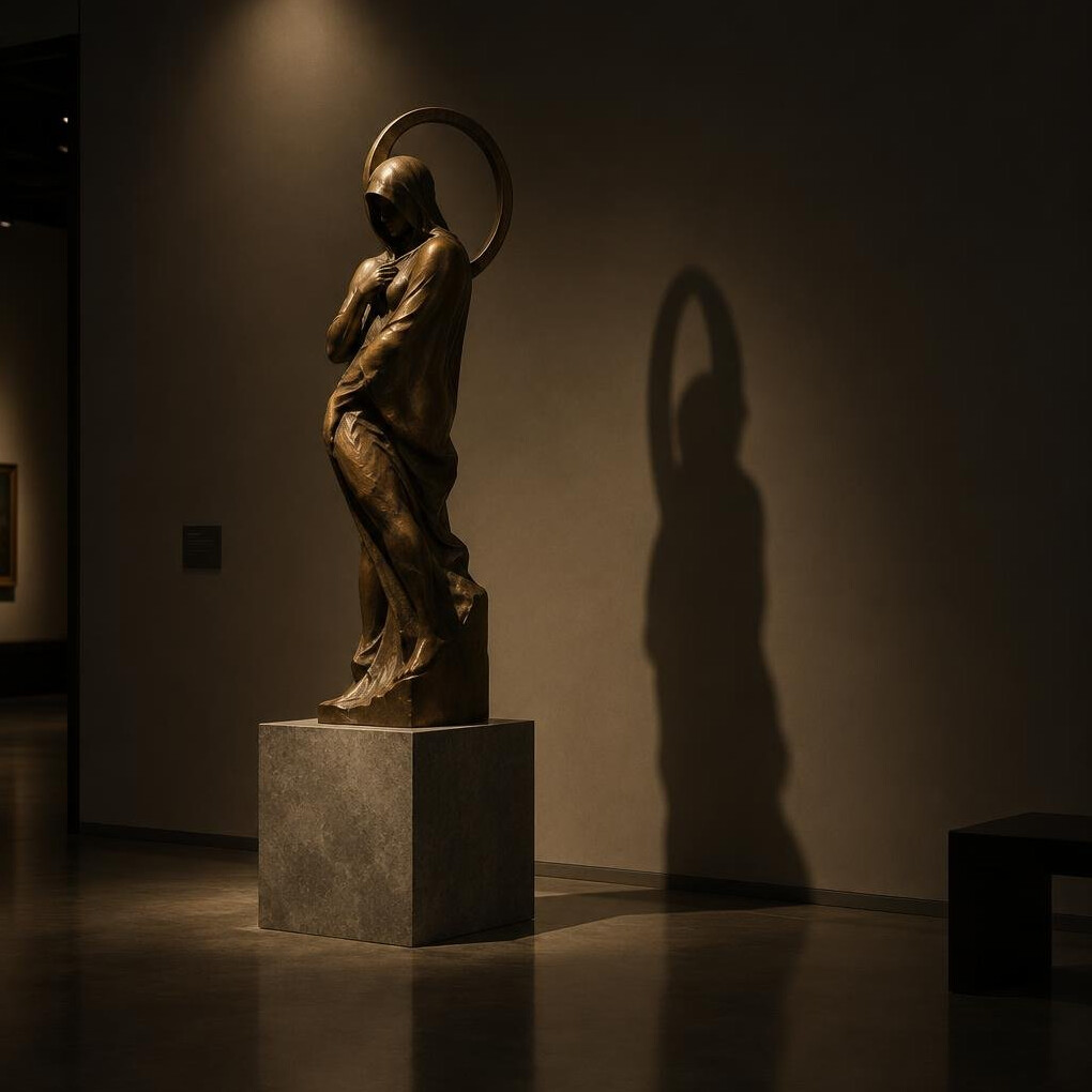 Bronze sculpture in a dim gallery