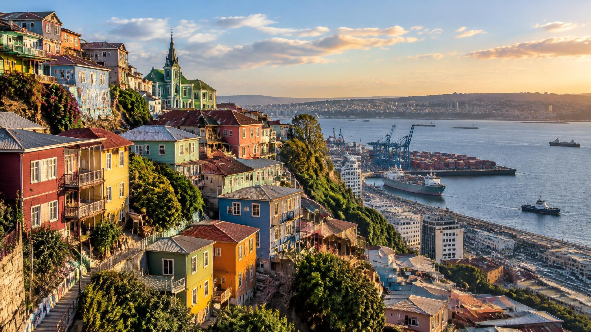Colorful hillside houses of Valparaiso Chile overlooking the port