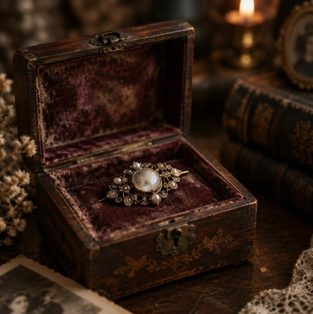 Antique jewelry box with brooch on velvet