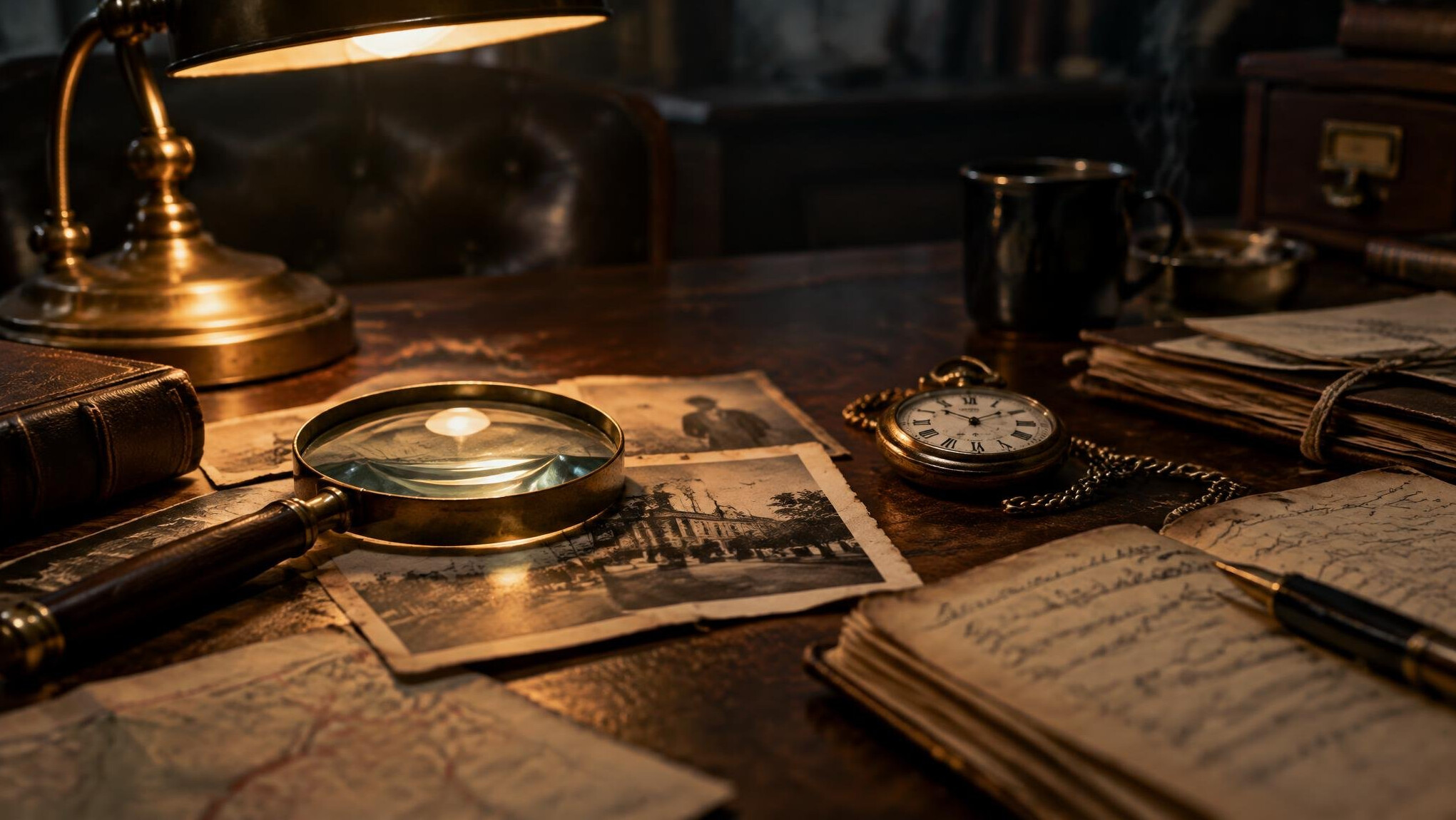 Detective desk with magnifying glass, old documents and vintage pocket watch