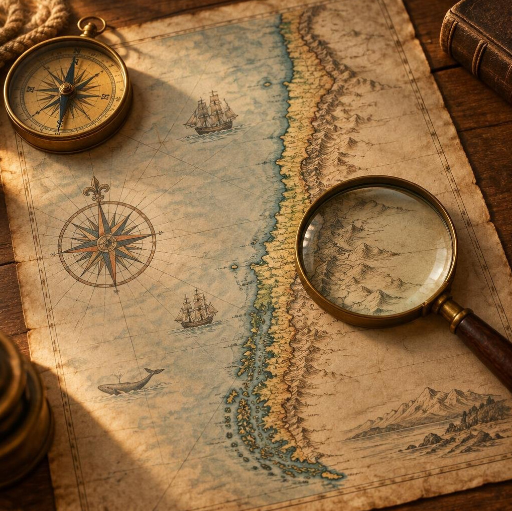 Antique nautical map with compass on a table