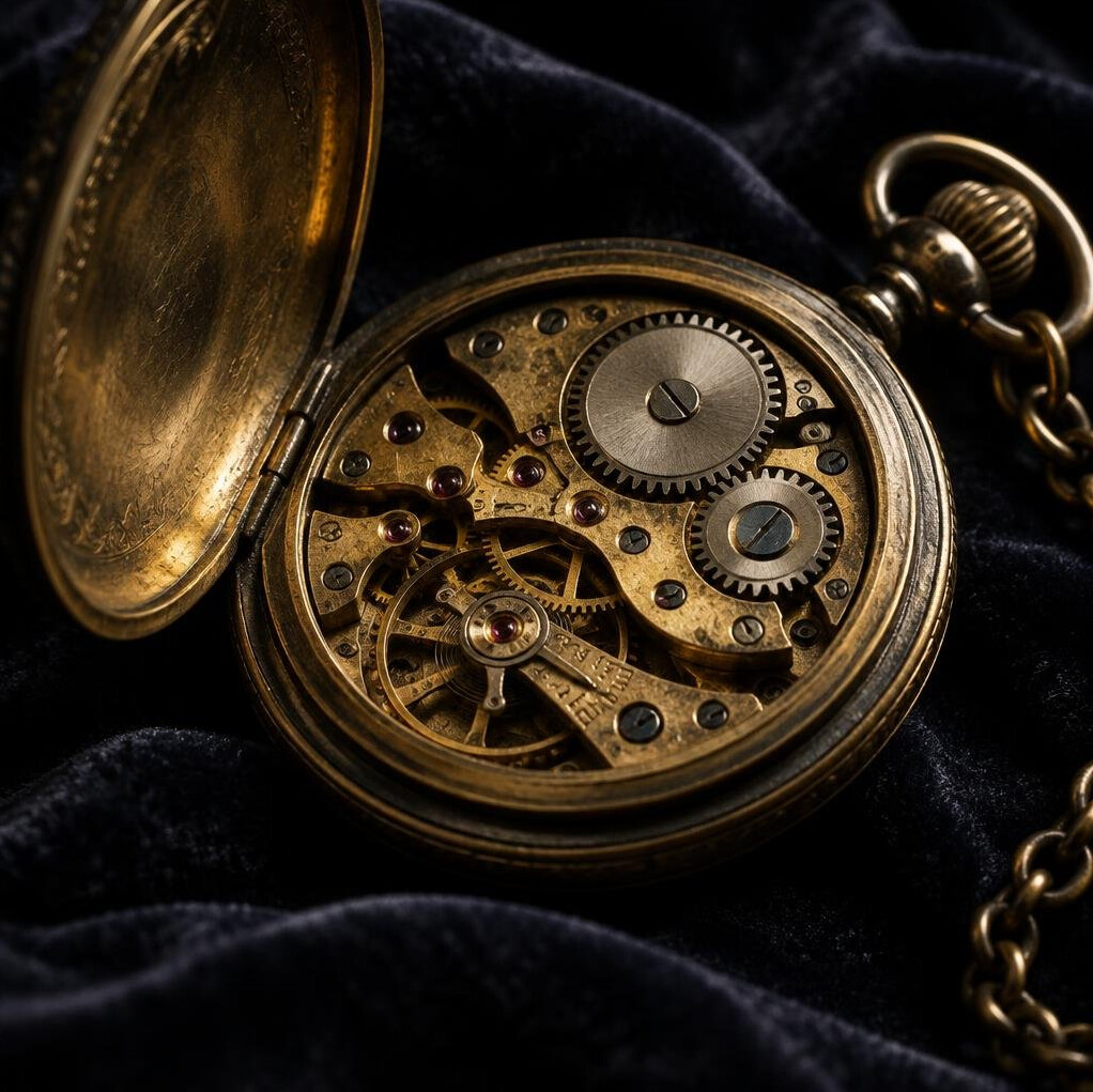 Antique pocket watch open showing mechanism