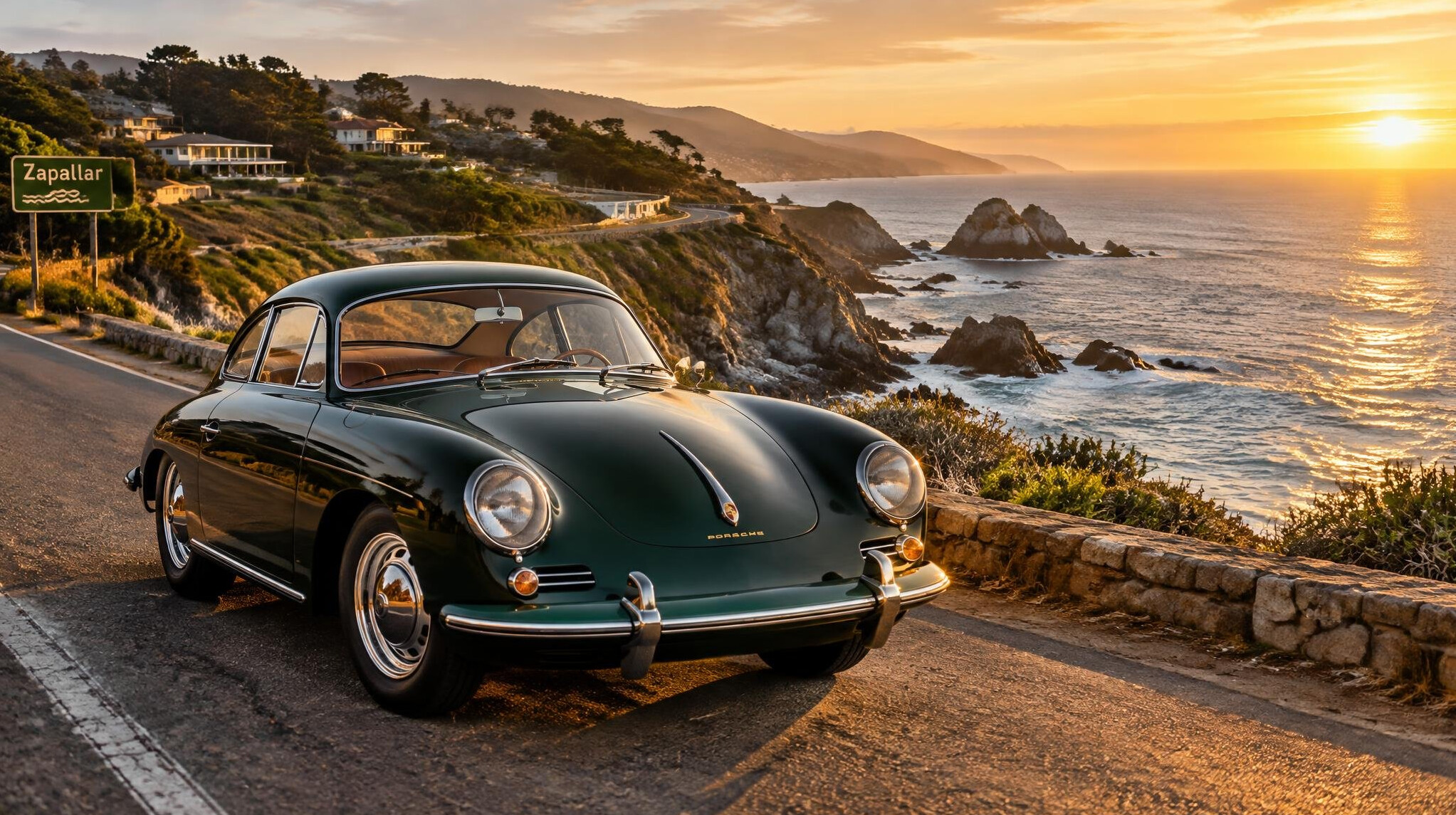 Vintage sports car on a coastal road near Zapallar Chile