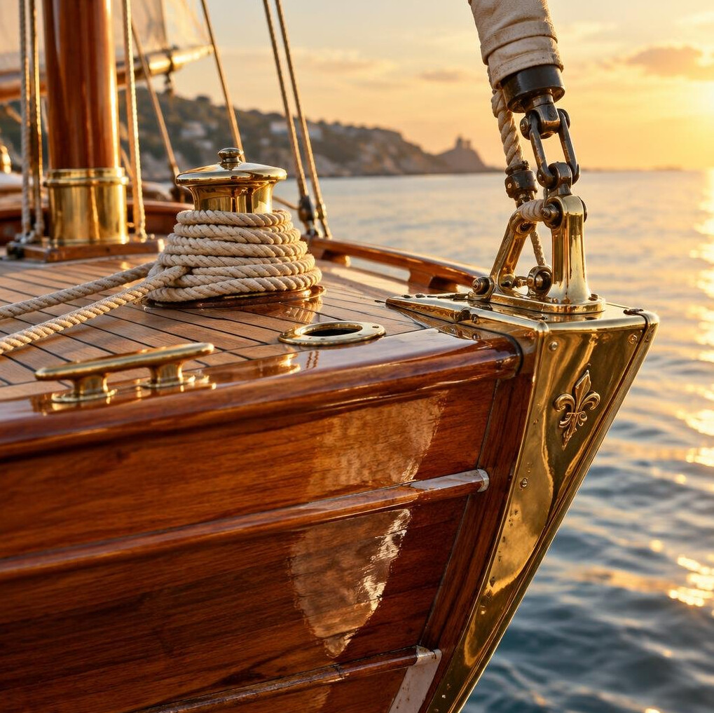 Bow of a classic wooden sailing boat with brass fittings