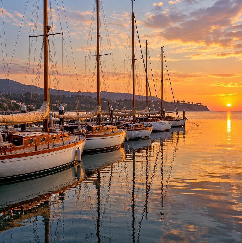 Classic sailing yachts moored at a marina in Chile at sunset