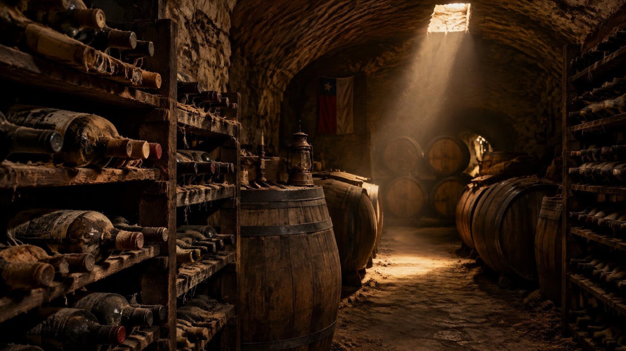 Old wine cellar with dusty bottles and wooden barrels